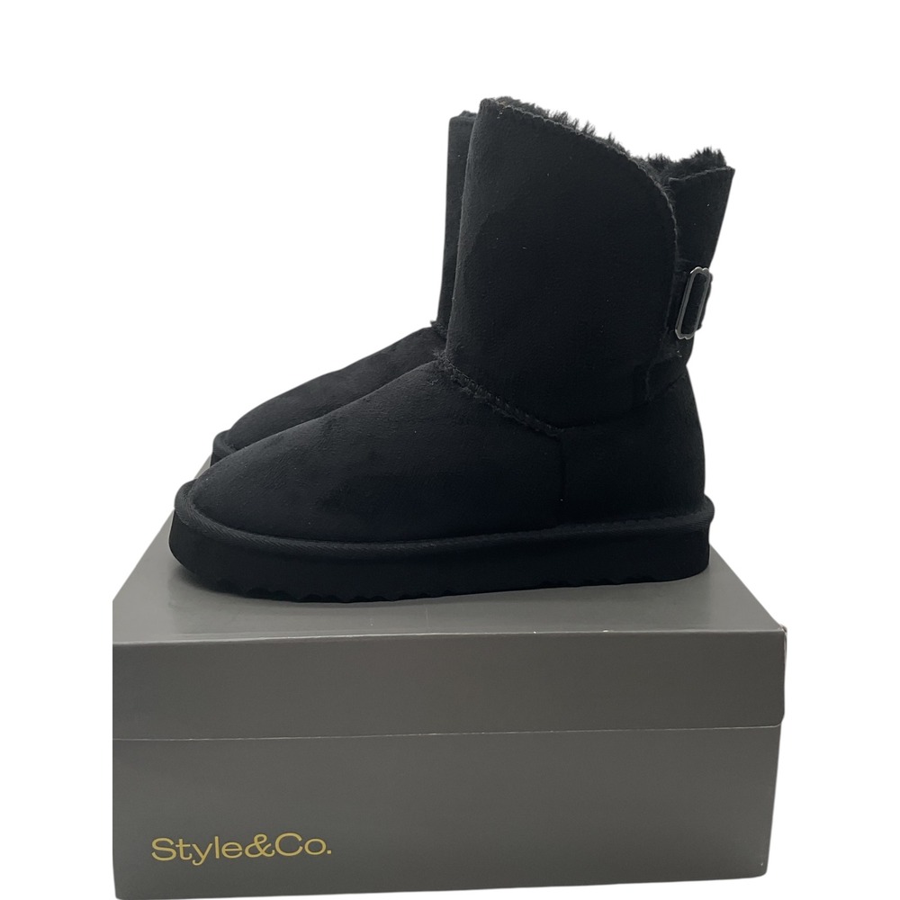 Style & Co Tessaa Black Faux Suede Faux Fur Lined Buckle Winter Boots Womens 7